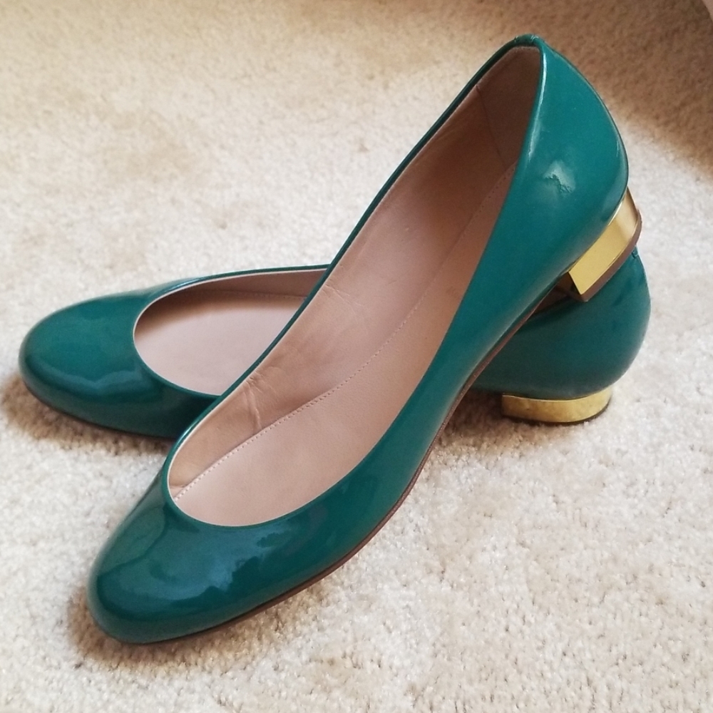 J Crew Janey Green Patent Leather Gold Heel Flats